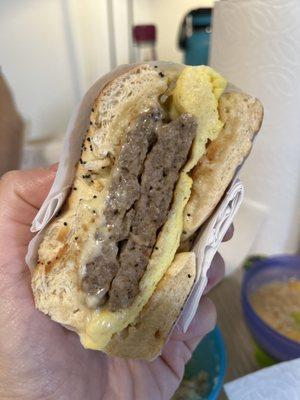 Sausage, egg and cheese on bagel