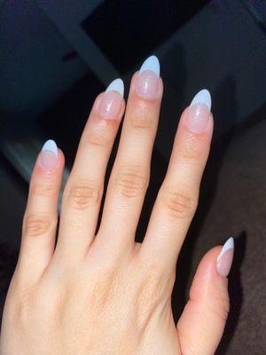 Gel x almond short with French tip and glitter top coat