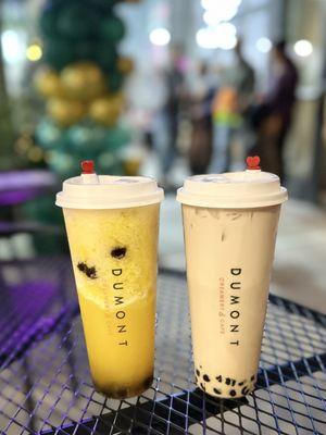 Passionfruit Slush and Classic Milk Tea w/ Boba