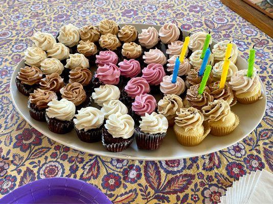 Mini cupcakes for my Dad's birthday!  Chocolate cake is VGF;  the white cake is not vegan.