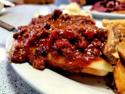 Lunch special- 2 chili cheese dogs with fries. Pepper Jack cheese