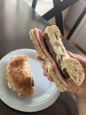 cross section of ham sausage cheese everything bagel