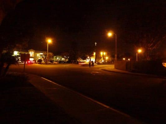 Irvine Baptist Churchgoers crossing Walnut dodging traffic.