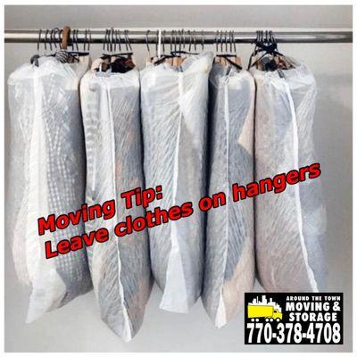 Leave clothes on hangers then cover them with garbage bags and put them in your new closet straight away after the move.