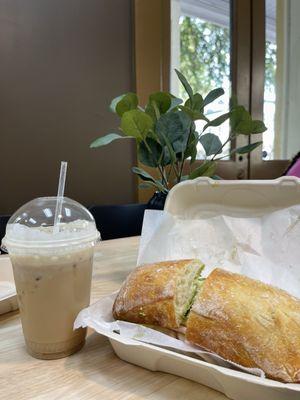 Pesto turkey Sandwich and iced mazapán latte