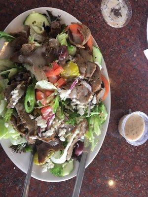 Greek salad with gyro meat.