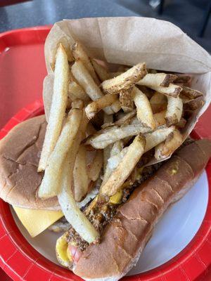 Cheeseburger, chili dogs and fries