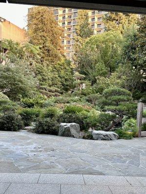 A view of the garden at sunset from the Toshizo Watanabe Culinary & Cultural Center.