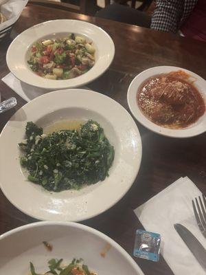 Broccoli rabe, meatball pasta and salad