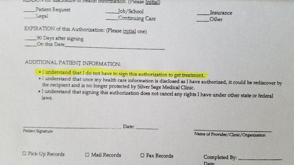 Their own disclosure form that they do not honor. Won't make an appointment unless patient discloses entire record.