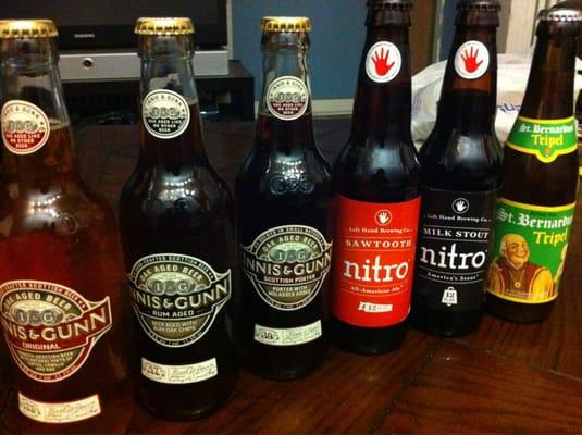 Innis & Gunn; Original, Rum Aged & Porter. Left Hand Brewing Co.; Saw Tooth All American Ale & Milk Stout. St. Bernardus Tripel