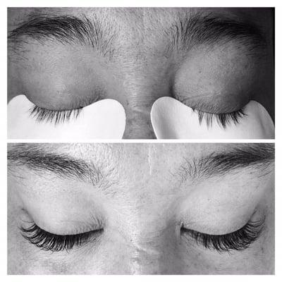 Before and After lash extensions by Haley at Dolce Salon and Spa.