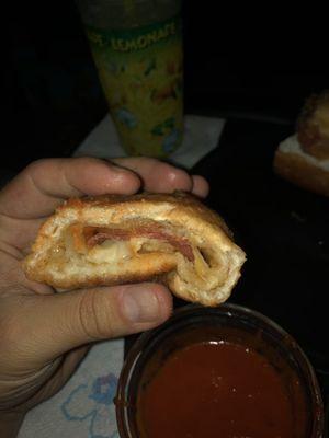 Pepperoni roll with 2 slices of pepperoni.