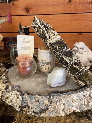 Reiki Charges Candle, Yerba Santa smudge and White Opal on Granite alter centerpiece