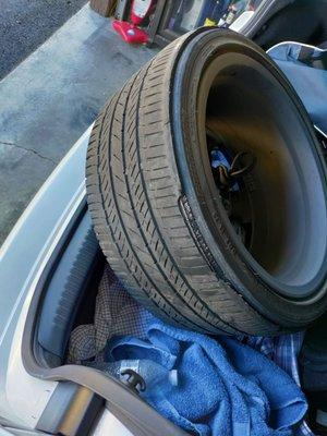 The tire that blew with plenty of tread except for where it wore unnaturally