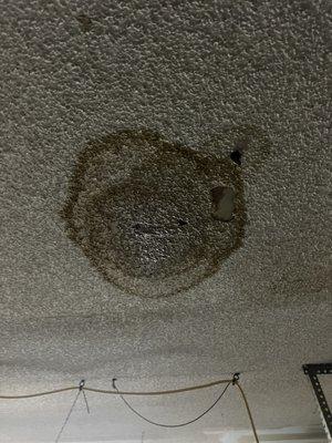 Water damage in garage ceiling.