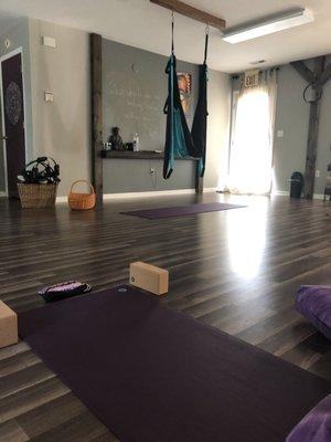 The main yoga room, set up for our class.