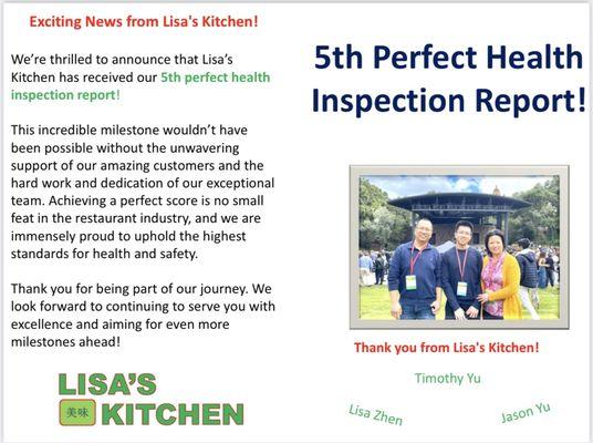 Our 5th Perfect Health Inspection Report