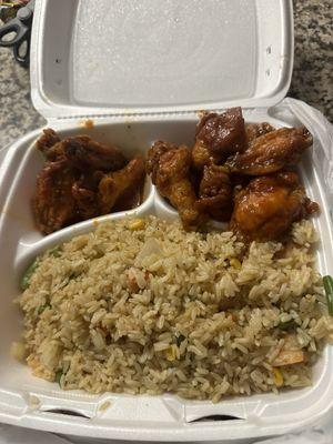 Shrimp fried rice, sweet chili chicken and mild chicken