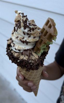 Chocolate dipped waffle cone + pandan waffle :)