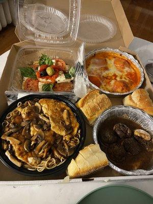 Caprese, stuffed shells, chicken marsala with angel hair & stuffed mushrooms.