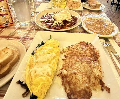 Chile Verde Omelette w Hashbrown + Sourdough Toast, Chilaquiles w Red Sauce + Beans + Rice, Popeye Omelette w Hashbrowns + Sourdough Toast