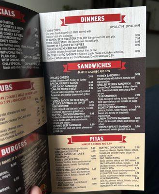 Menu:  Dinners  Sandwiches  Pitas