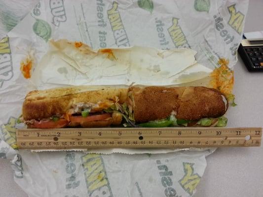 9" = #footlong here 2 types of bread vegetables #slopped on #hot sauce every which way but IN $8.41 sandwich:( #Respect? #Brand?