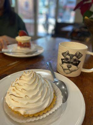 Lemon  meringue tart and milk in the cutest cup!