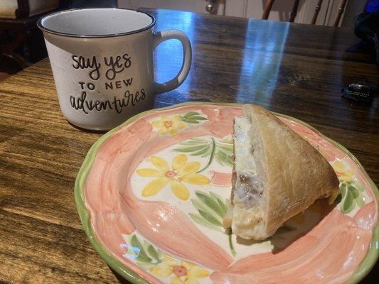 Sausage egg and cheese on Ciabatta.