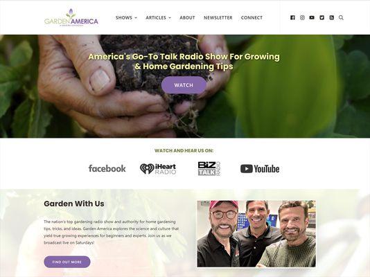 Website design, search engine optimization, social media, marketing for Garden America Radio Show.