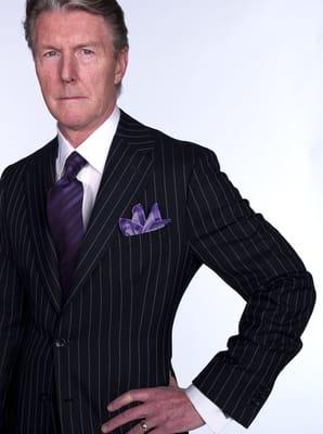 Broadway star, Byron Jennings, in a custom suit made by Saint Laurie Merchant Yailors.