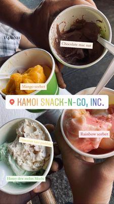 Top: chocolate Mac nut Middle left: mango sorbet Middle right: rainbow sorbet Bottom: Hawaiian taro pudding / honey dew melon mochi