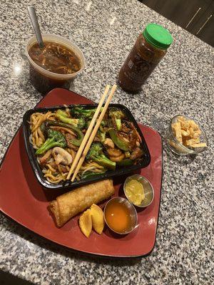 Hot n sour soup, egg roll, beef w/ garlic sauce dinner combo - substituted the rice for pork Lo mein (up charge but worth it).