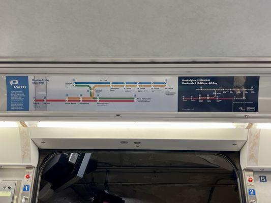 Look up! Route maps above each PATH train door.