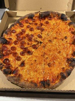 Amazing half cheese, half pepperoni. Perfectly cooked and delicious! $19.99.