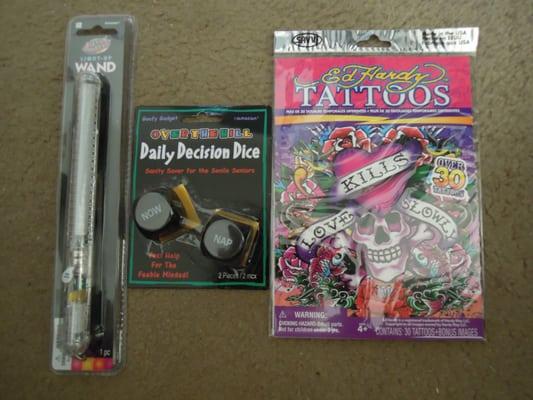 My magic wand, funny dice and fake tattoos. $14.06, total, including a stiff 8.375% sales tax!