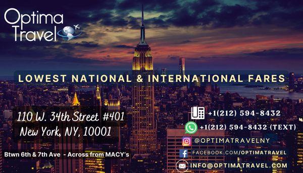 lowest international & national Airfare NYC - Optima Travel - call office / text via Whatsapp