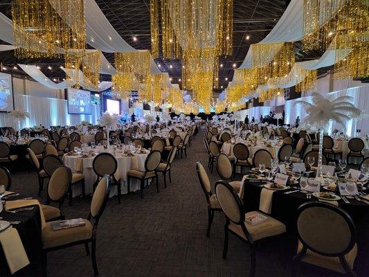 Be Perfect Event. Ceiling Draping with Streamers and Curtain Lighting.