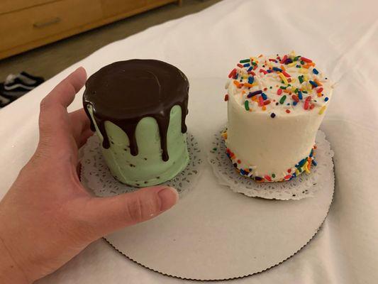 Mint chocolate chip and celebration confetti mini cakes!