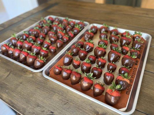 Finished product - chocolate covered strawberries.  Simple ingredients from Costco!  2 packs of the organic strawberries!