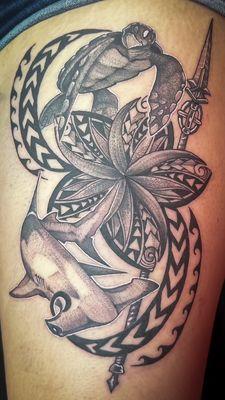 Polynesian tribal with Hawaiian spirit animals(amakua) honu-turtle and mano-shark