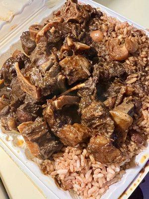 Medium Oxtail, Rice and Peas, extra gravy, no veg - $18.00. Very good. Jan 2022.