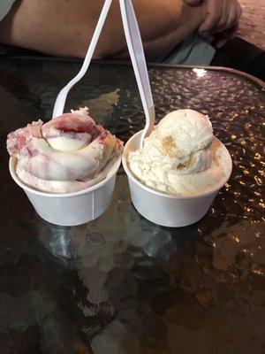 Two small cups - Delicious mixed berry cheesecake and toasted coconut.