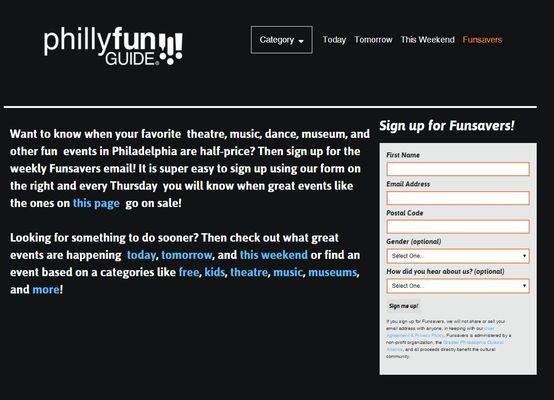 Free weekly emails for 50% off tickets to local events! Sign up at https://phillyfunguide.com/funsavers-sign-up