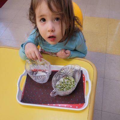 Children practice matching and soring to refine their senses and learn order. They may even try to identify it with their eyes closed.