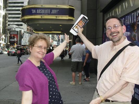 With Barbara R. of Manhattan in front of the Broadway theater, one of the many stops on the Critic's Choice Bway Walking Tour.