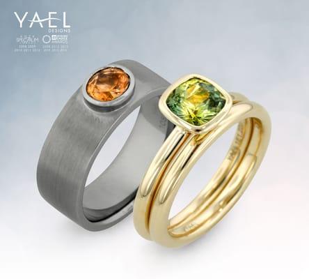 Modern & sleek colored sapphire and gold his/hers rings