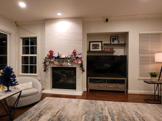 Tiled family room fireplace