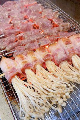 Bacon needle mushroom skewer